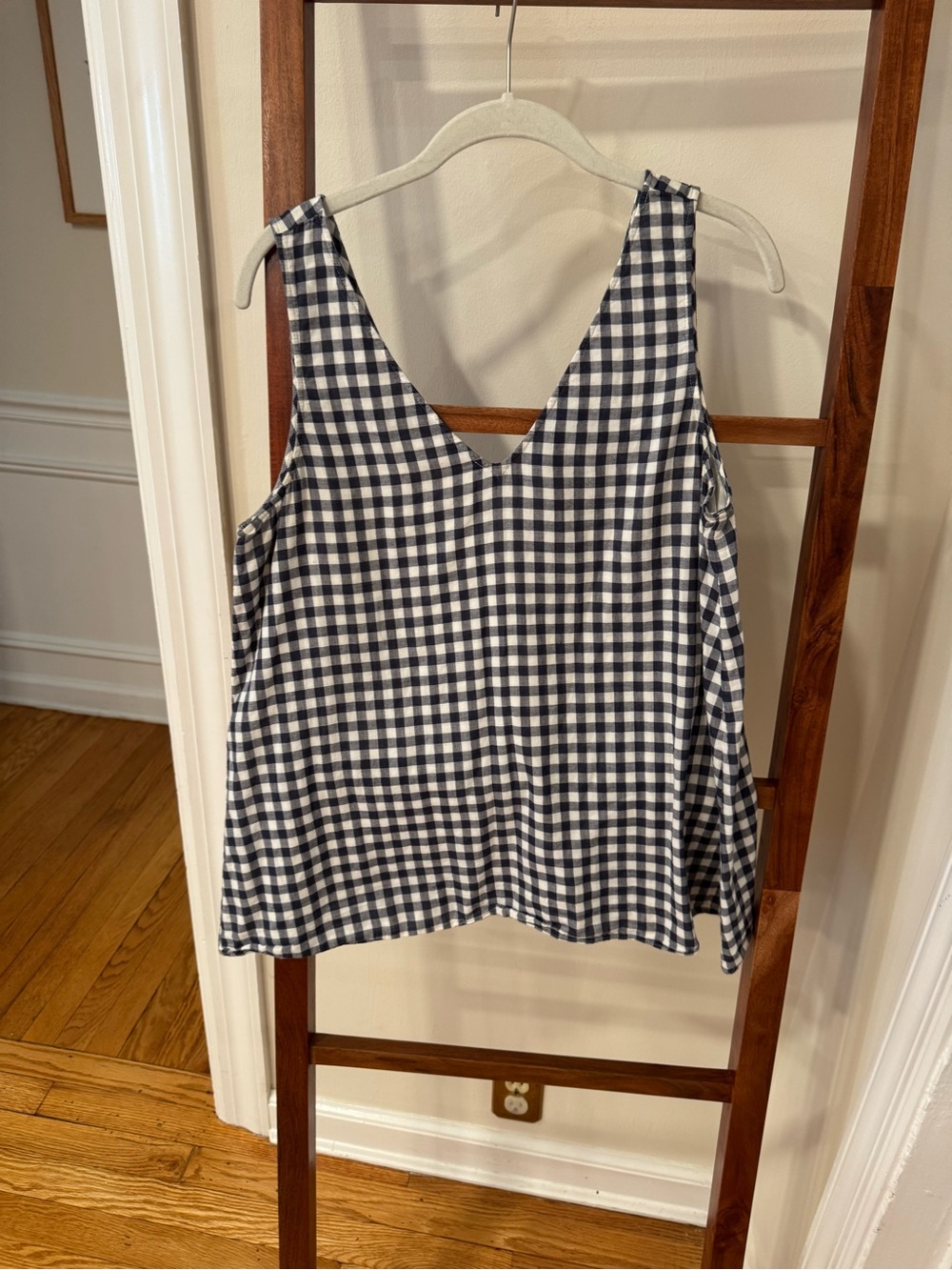 Theory Navy and White Gingham V-Neck Camisole